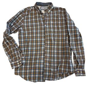 Original Penguin Men's Long Sleeve Button-Down Plaid Shirt, Orange Blue Check, L
